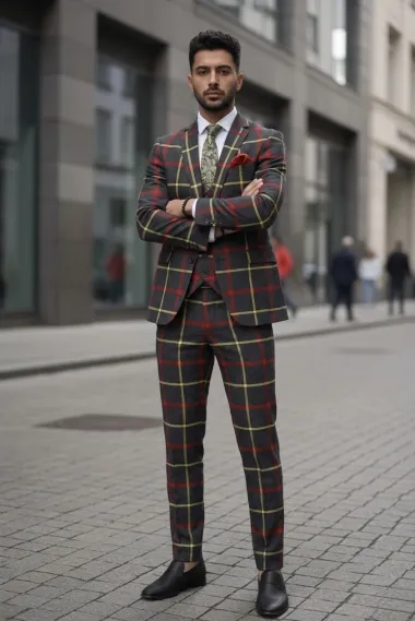 Costum barbati slim fit in carouri B7917 81